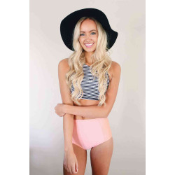 lal fashion Altı Pembe Üstü Cizgili Yüksek Bel Tankini Bikini Takım