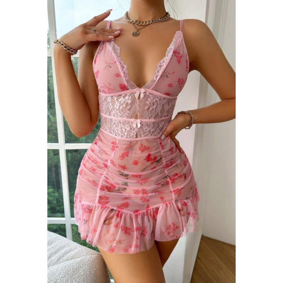 Lal Fashion Pembe Derin Dekolteli Gecelik 15564