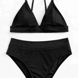 lal fashion Ayarlanabilir Askılı Üçgen Tasarım Yüksek Bel Bikini Takımı Siyah