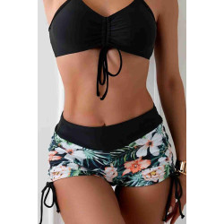 lal fashion Büzgü Ayarlı Baskılı Deniz Şortu Bikini Alt Siyah