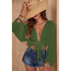 lal fashion Önden Bağlamalı Salaş Gömlek Pareo Crop Bluz Haki