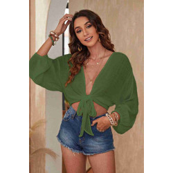 lal fashion Önden Bağlamalı Salaş Gömlek Pareo Crop Bluz Haki