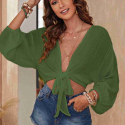 lal fashion Önden Bağlamalı Salaş Gömlek Pareo Crop Bluz Haki lal fashion Önden Bağlamalı Salaş Gömlek Pareo Crop Bluz Haki