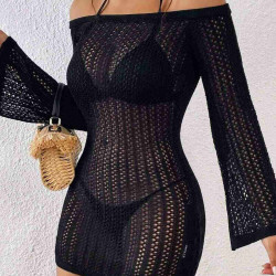 lal fashion Örme Yanlardan Büzgülü Uzun Kollu Plaj Elbisesi Pareo Siyah