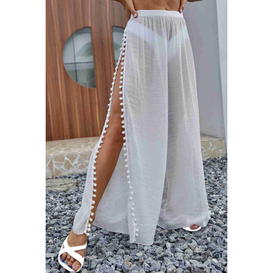 lal fashion Ponponlu Yırtmaç Detaylı Plaj Pantolonu Pareo Beyaz lal fashion Ponponlu Yırtmaç Detaylı Plaj Pantolonu Pareo Beyaz