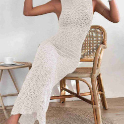 lal fashion Şık Örme Yırtmaçlı Pareo Plaj Elbisesi Kimono Krem