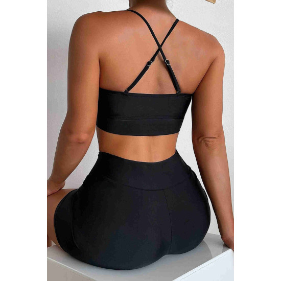 lal fashion Sırtı Çapraz Şık Tankini Bikini Üstü Siyah