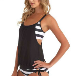 lal fashion Siyah Beyaz Kalın Cizgili Tankini Bikini Takım