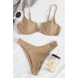 lal fashion Üstü V Göğüs Dekolteli Bikini Takım Bej