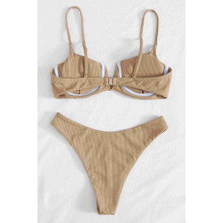 lal fashion Üstü V Göğüs Dekolteli Bikini Takım Bej