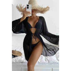 lal fashion Uzun Önden Bağlamalı Plaj Elbisesi Pareo Kimono Siyah