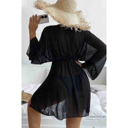 lal fashion Uzun Önden Bağlamalı Plaj Elbisesi Pareo Kimono Siyah