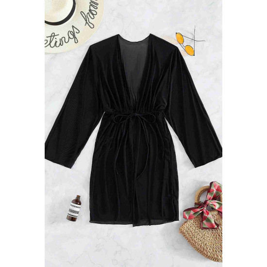 lal fashion Uzun Önden Bağlamalı Plaj Elbisesi Pareo Kimono Siyah lal fashion Uzun Önden Bağlamalı Plaj Elbisesi Pareo Kimono Siyah