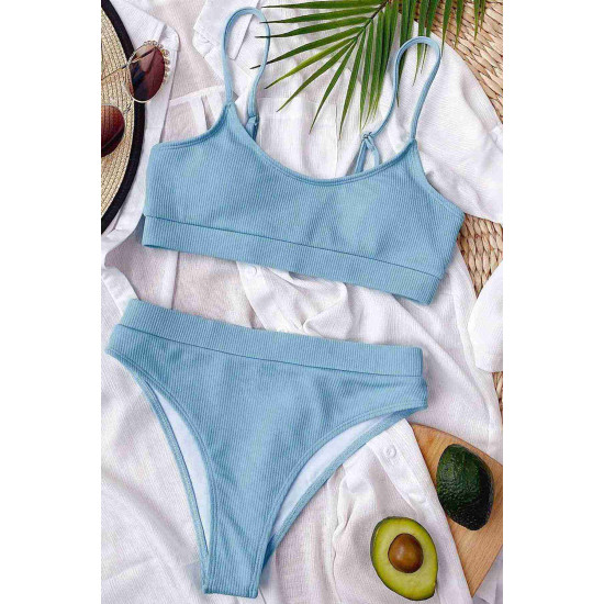 lal fashion Yüksek Bel Fitilli Kumaş Tankini Bikini Takım Mavi