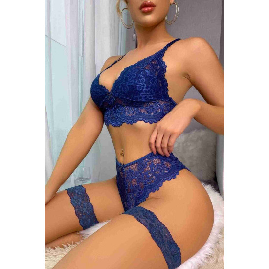 lal fashion Bacak Aksesuarlı Sütyen Külot Takım Lacivert