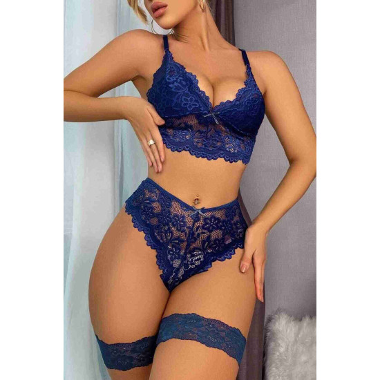 lal fashion Bacak Aksesuarlı Sütyen Külot Takım Lacivert