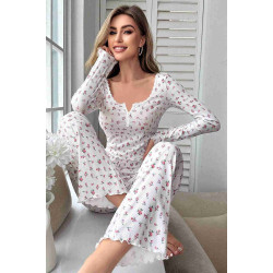 lal fashion Çiçek Desenli Uzun Kollu Pijama Takımı Beyaz