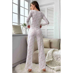 lal fashion Çiçek Desenli Uzun Kollu Pijama Takımı Beyaz