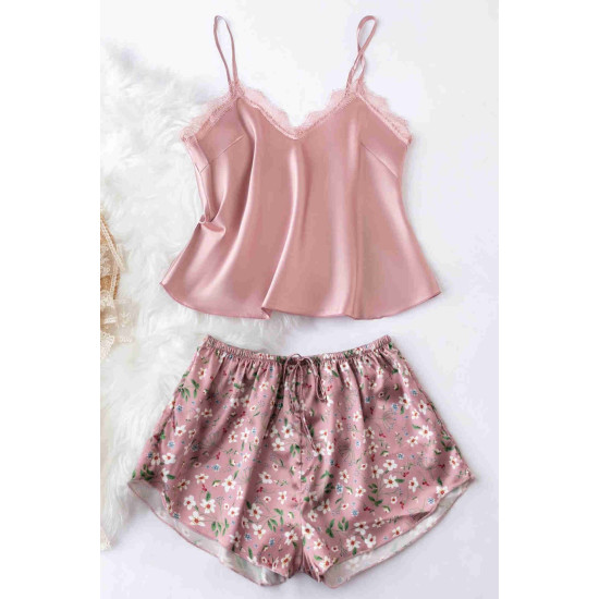 lal fashion Dantel İşlemeli Çiçek Desenli Şort Pijama Takımı Pembe