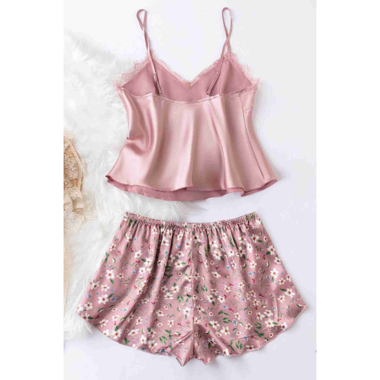 lal fashion Dantel İşlemeli Çiçek Desenli Şort Pijama Takımı Pembe