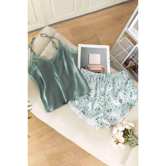 lal fashion Dantel İşlemeli Çiçek Desenli Şort Pijama Takımı Yeşil