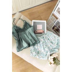 lal fashion Dantel İşlemeli Çiçek Desenli Şort Pijama Takımı Yeşil