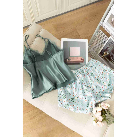 lal fashion Dantel İşlemeli Çiçek Desenli Şort Pijama Takımı Yeşil