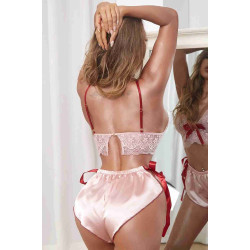 lal fashion Dantelli Saten Şortlu Takım Pembe
