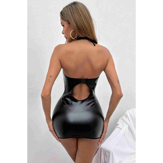 lal fashion Deri Görünümlü Fantezi Gecelik Siyah