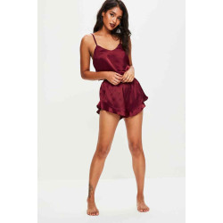 lal fashion Saten Şortlu Pijama Takım Bordo