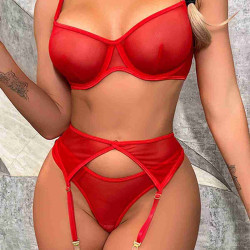 lal fashion Tül Sütyen Külot Takım Jartiyerli Boğaz Ve Bacak Aksesuarlı Kırmızı