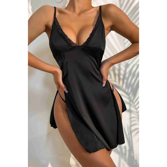 lal fashion Yanlardan Yırtmaçlı Gecelik Siyah