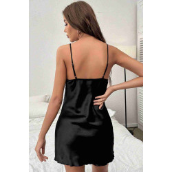 lal fashion Dantelli Şık Yırtmaçlı Saten Gecelik Siyah