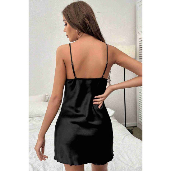 lal fashion Dantelli Şık Yırtmaçlı Saten Gecelik Siyah