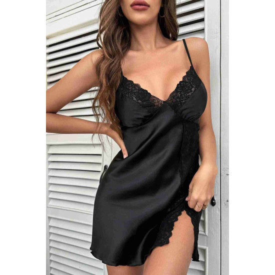 lal fashion Dantelli Şık Yırtmaçlı Saten Gecelik Siyah