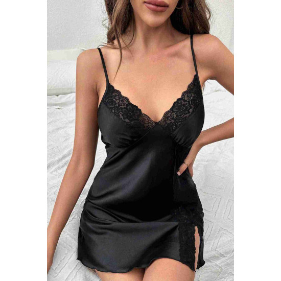 lal fashion Dantelli Şık Yırtmaçlı Saten Gecelik Siyah