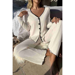 lal fashion Özel Örme Kumaş Düğmeli Uzun Kollu Pijama Takımı Beyaz