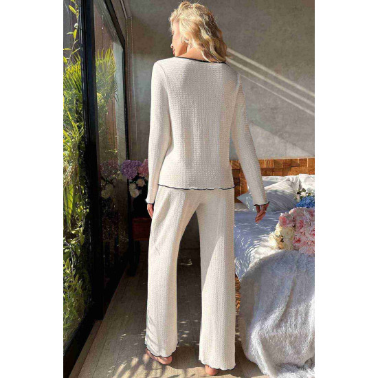 lal fashion Özel Örme Kumaş Düğmeli Uzun Kollu Pijama Takımı Beyaz