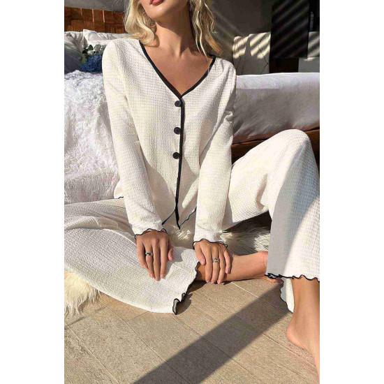 lal fashion Özel Örme Kumaş Düğmeli Uzun Kollu Pijama Takımı Beyaz