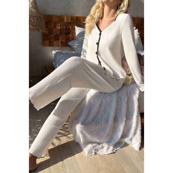 lal fashion Özel Örme Kumaş Düğmeli Uzun Kollu Pijama Takımı Beyaz