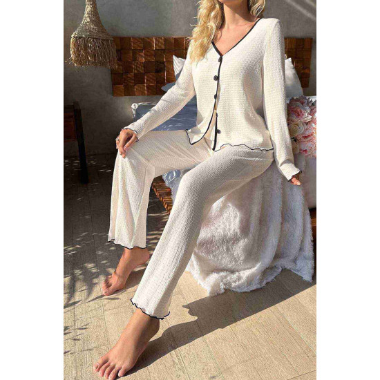 lal fashion Özel Örme Kumaş Düğmeli Uzun Kollu Pijama Takımı Beyaz