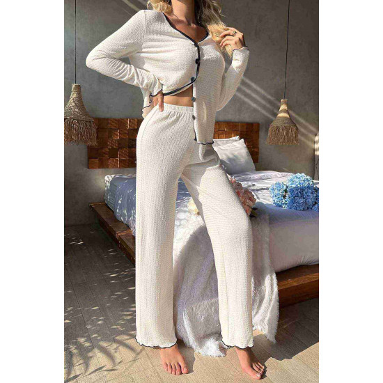 lal fashion Özel Örme Kumaş Düğmeli Uzun Kollu Pijama Takımı Beyaz