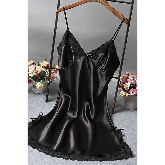 lal fashion Dantelli Kısa Saten Gecelik Siyah