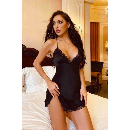 lal fashion Şık Dantelli Yırtmaçlı Saten Gecelik Siyah