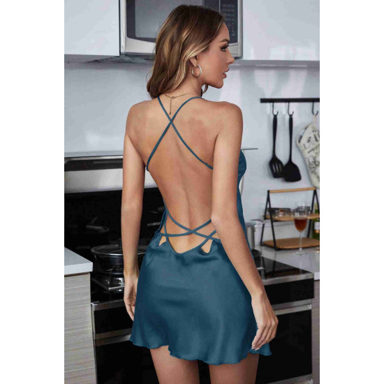 lal fashion Sırt Dekolteli Dantel İşlemeli Saten Gecelik İç Giyim Mavi