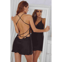 lal fashion Sırt Dekolteli Dantel İşlemeli Saten Gecelik İç Giyim Siyah