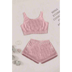 lal fashion Tek Renk 1 Takım Kolsuz Askılı Peluş Polar Alt Üst Şortlu Pijama Takımı Pembe Açık