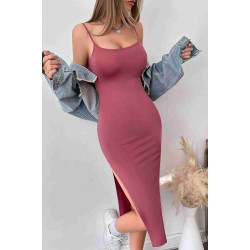 lal fashion Vücuda Oturan Askılı Esnek Örme Yırtmaçlı Midi Diz Altı Elbise Pembe