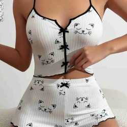 lal fashion Yavru Kedi Baskılı Askılı Şortlu  Pijama Takımı Beyaz lal fashion Yavru Kedi Baskılı Askılı Şortlu  Pijama Takımı Beyaz